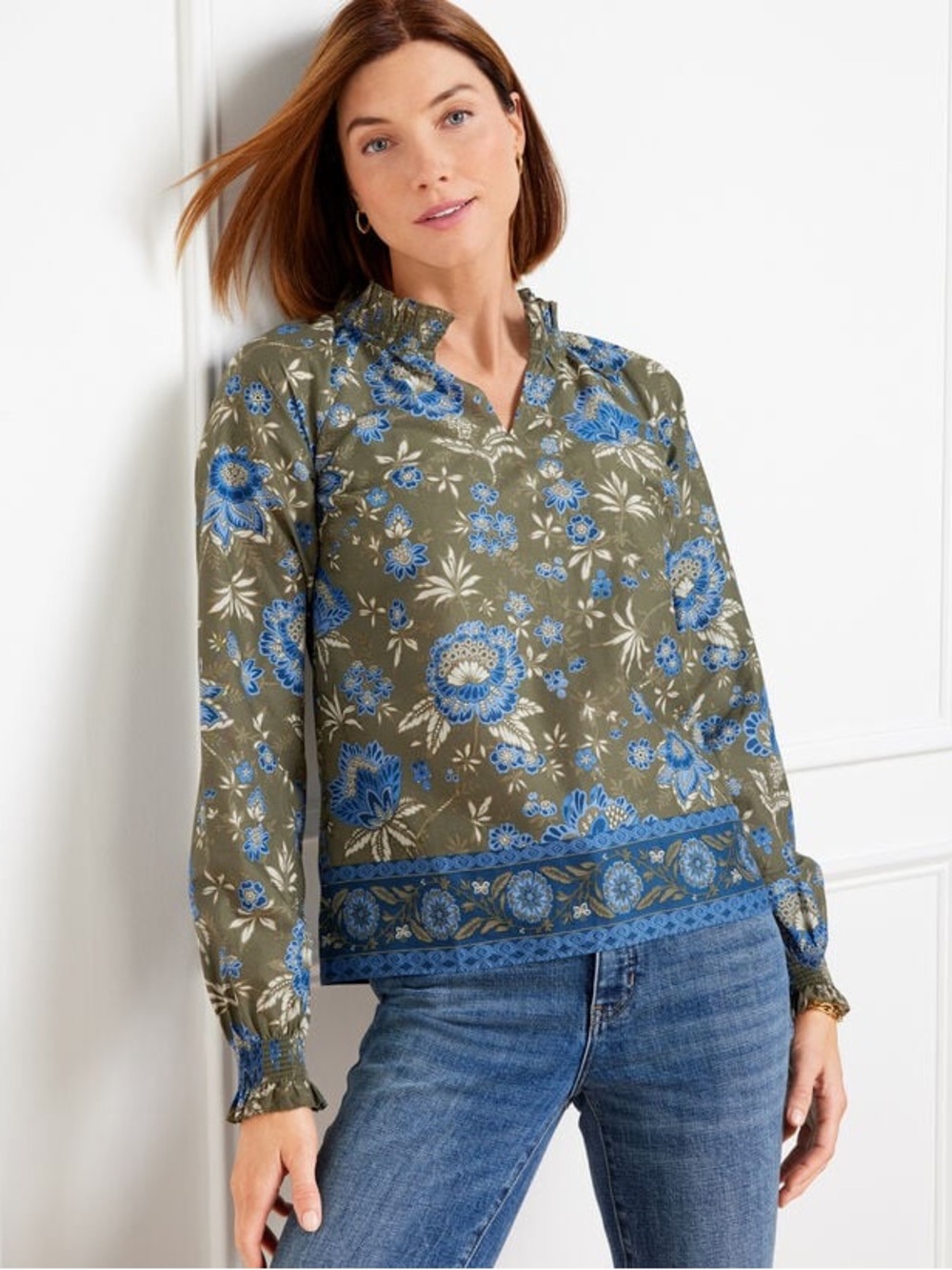 NEW TALBOTS LP smocked Sleeve Ruffle Crisp Cotton Olive Floral Pullover Top NWT